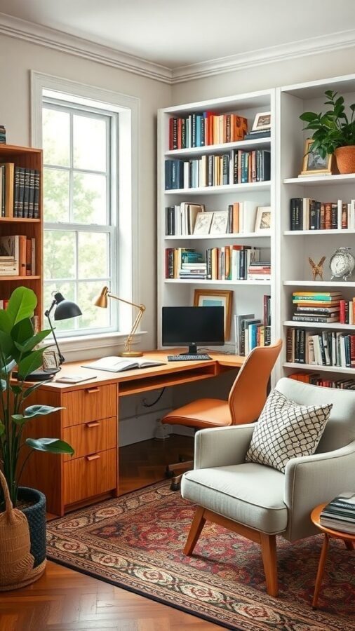 A cozy home office with a desk, computer, bookshelves filled with books, a comfortable chair, and a plant.