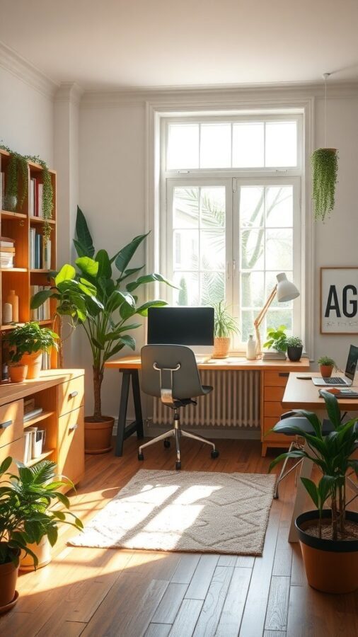 A bright home office with wooden furniture and various indoor plants, featuring a desk, chair, and natural light from a window.