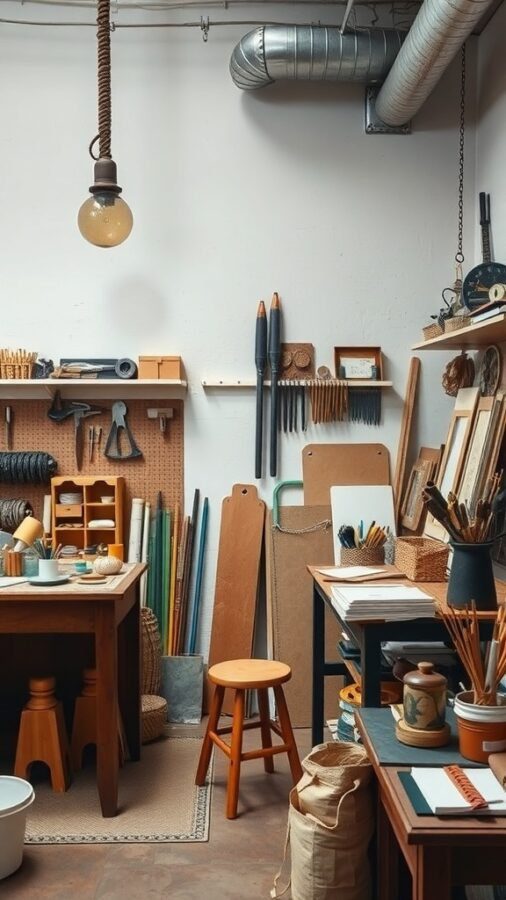 A cozy artisan craft space filled with tools, materials, and a warm light.