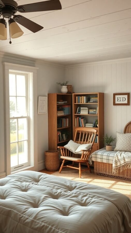 8 Cozy Farmhouse Bedroom Ideas for a Rustic Retreat 8 A cozy farmhouse bedroom with a reading nook featuring a wooden chair, a small bookshelf filled with books, and natural light coming through a window.