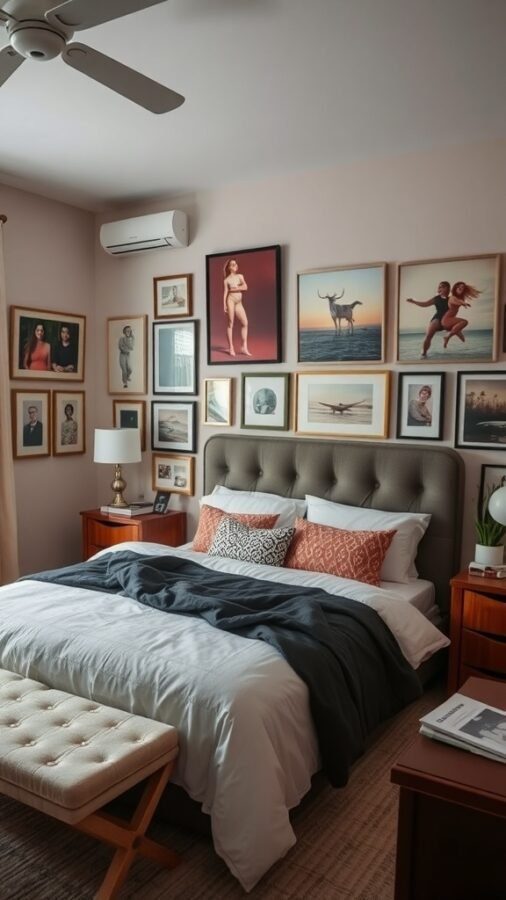 A cozy master bedroom featuring a gallery wall of framed art, a neatly made bed with decorative pillows, and warm wooden furniture.