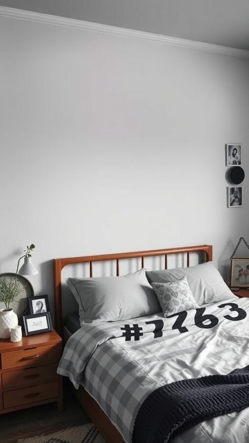 A cozy bedroom featuring a wooden bed frame, gray bedding, and personal decor items on the bedside table.