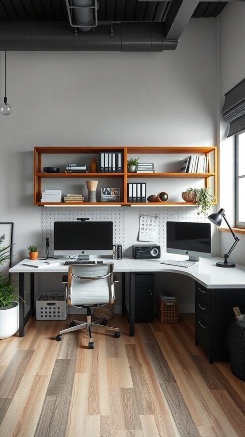 A modern double desk home office setup with organized shelves, two computers, and stylish storage solutions.