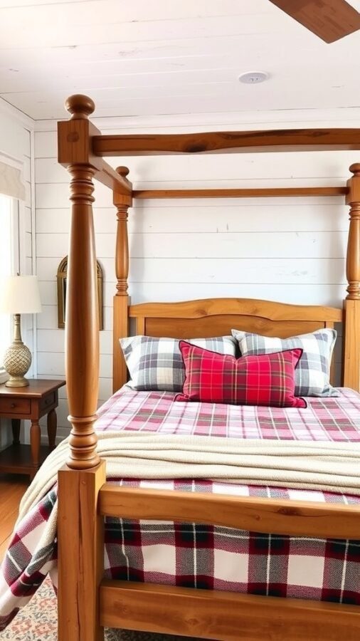 8 Cozy Farmhouse Bedroom Ideas for a Rustic Retreat 2 A rustic wooden four-poster bed with plaid bedding in a farmhouse bedroom
