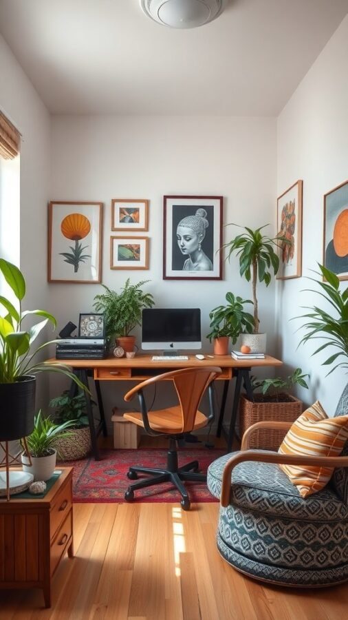A cozy home office with a wooden desk, plants, framed artwork, and a comfortable chair.