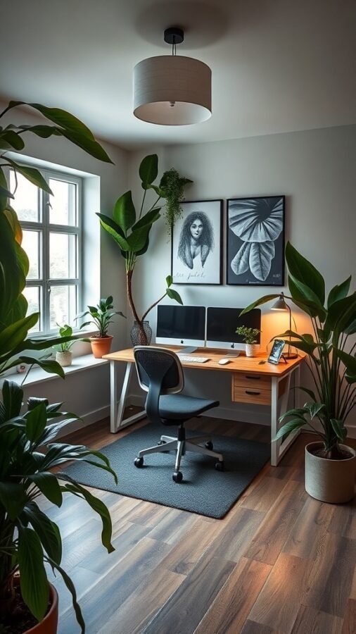A home office with a desk, computer, and various indoor plants creating a fresh atmosphere.