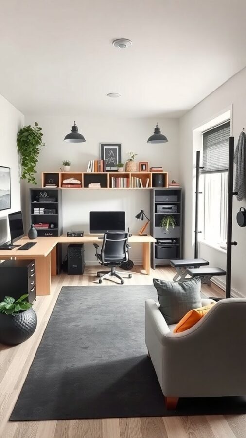 A stylish home office with a desk, computer, plants, and a cozy chair.