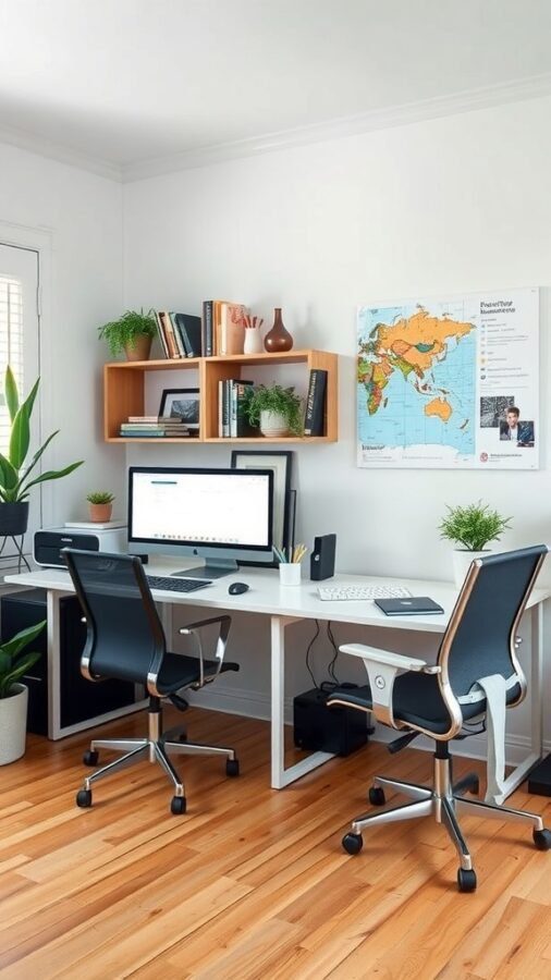 A double desk home office setup featuring two chairs, a large desk, plants, and a wall map.