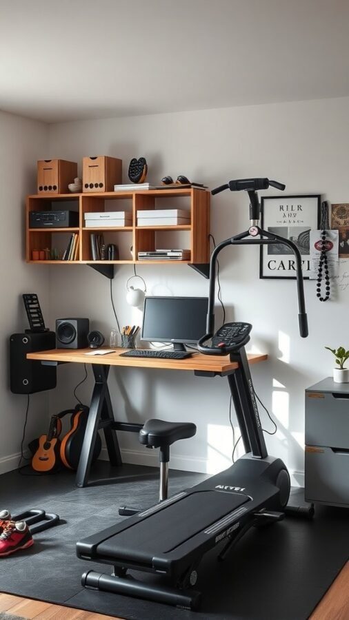 A home office gym combo featuring a treadmill, desk with computer, and storage solutions.