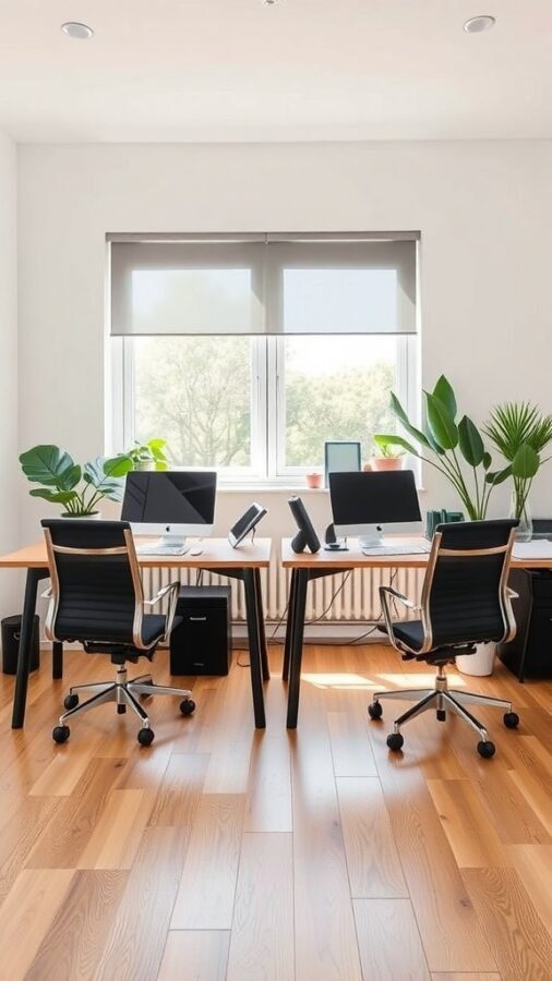 A double desk home office setup with two desks facing each other, equipped with monitors and plants.