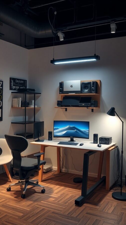 A modern home office setup featuring a desk, computer monitor, speakers, and stylish lighting.
