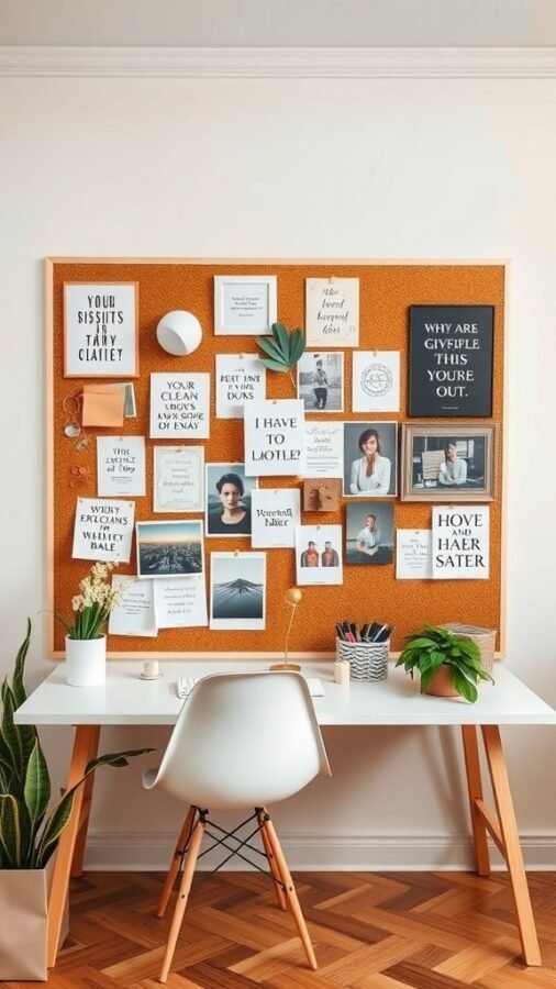 A corkboard filled with motivational quotes, images, and notes in a feminine home office setting.