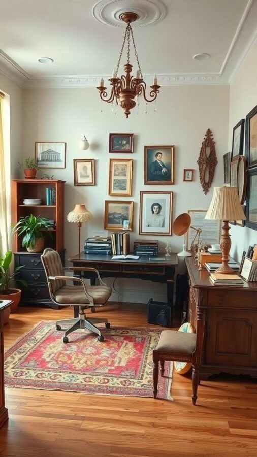 A stylish home office featuring vintage furniture, framed pictures on the walls, a cozy chair, and a patterned rug.