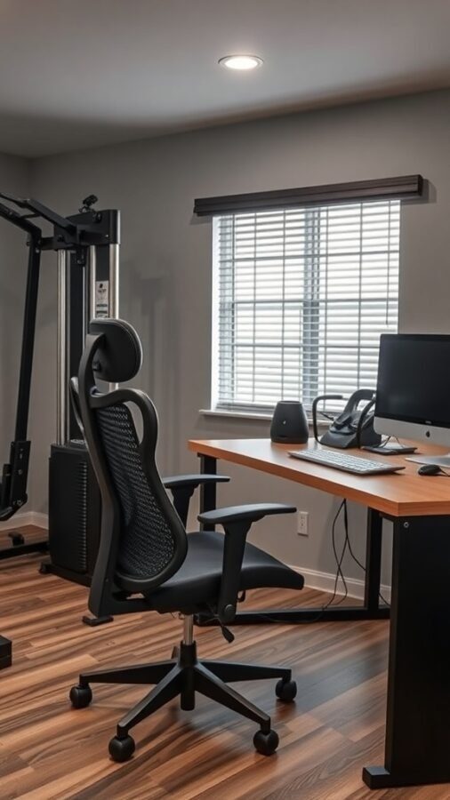 A home office gym combo featuring an ergonomic chair, desk, and gym equipment.