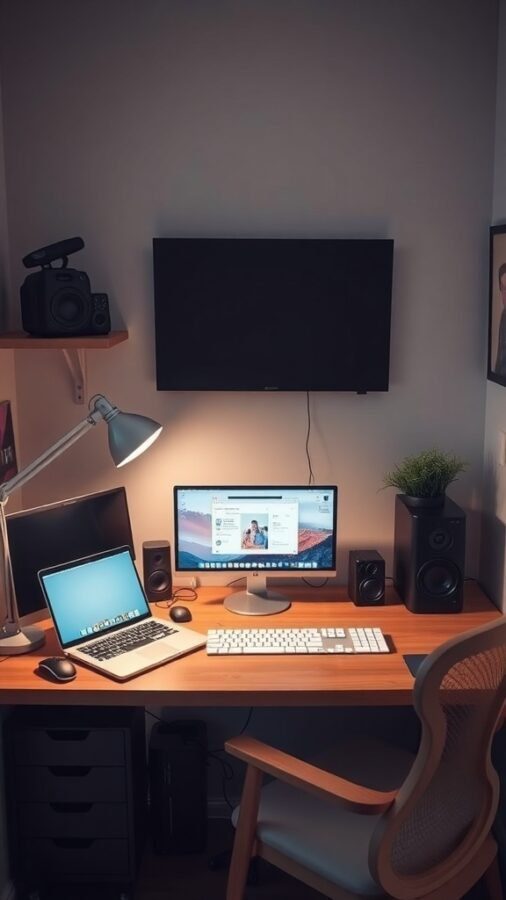 A small home office setup featuring a desk with dual monitors, a laptop, speakers, and a desk lamp.
