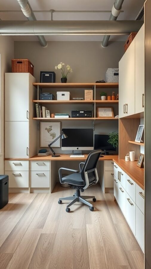 A modern home office setup with organized shelves, a desk, and a comfortable chair, showcasing storage solutions for a clutter-free environment.