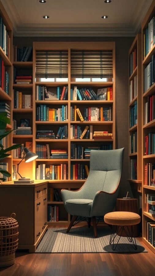 A cozy reading nook with a comfortable chair, bookshelves filled with books, and warm lighting.