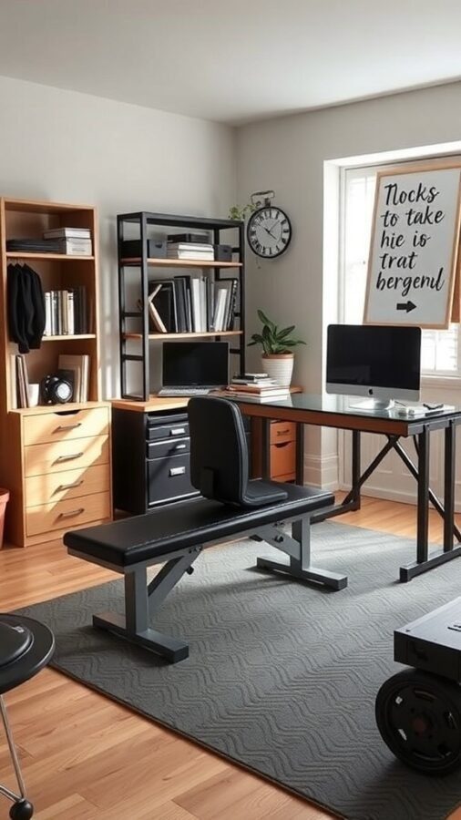 A home office gym combo featuring a workout bench, desk with monitors, and organized storage.