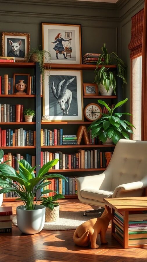 A cozy home office library with bookshelves, art, plants, and comfortable seating.