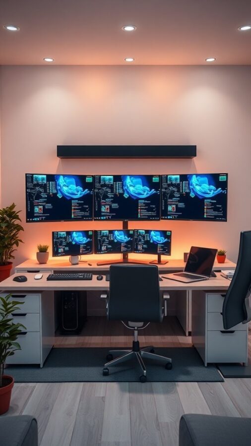 A modern tech-savvy workstation with multiple monitors, a sleek desk, and plants.