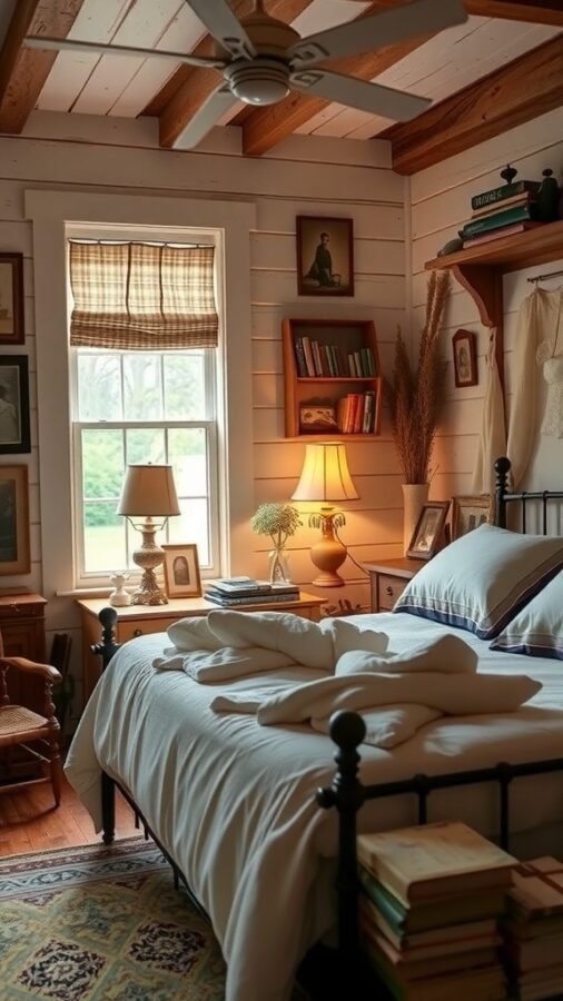 8 Cozy Farmhouse Bedroom Ideas for a Rustic Retreat 6 A cozy farmhouse bedroom with vintage decor, featuring wooden beams, a bedside lamp, and framed pictures on the walls.