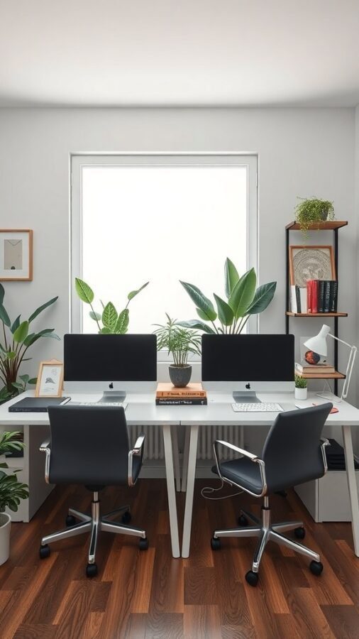 A bright home office with two desks, each with a computer, surrounded by plants and natural light.