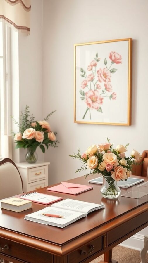 A feminine home office with floral accents, featuring a bouquet of pink roses on a wooden desk and floral wall art.