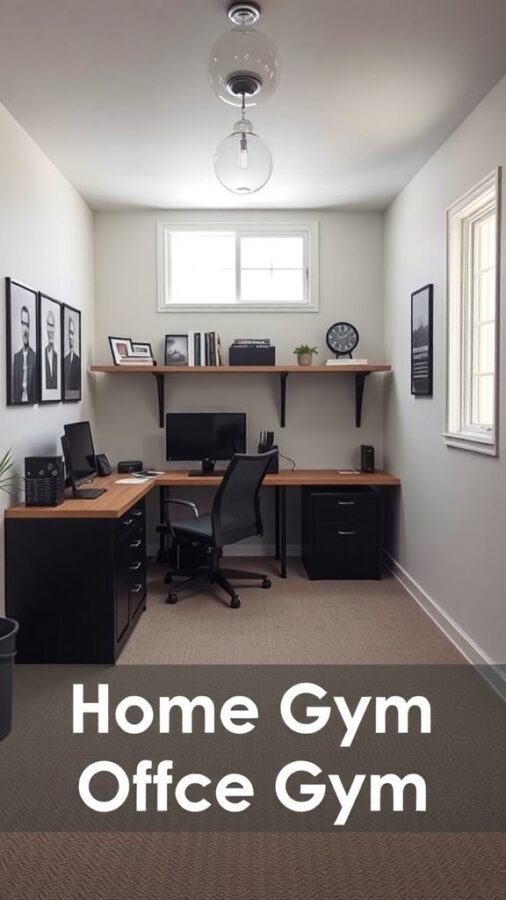 A small home office gym combo layout featuring a desk, chair, and fitness area.