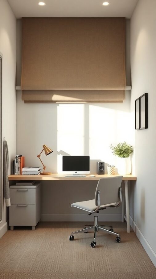 A small home office featuring a desk, chair, computer, lamp, and a plant, with natural light coming through a window.