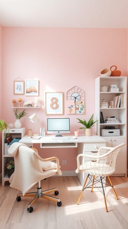 A chic home office with pastel pink walls, a white desk, and stylish decor.
