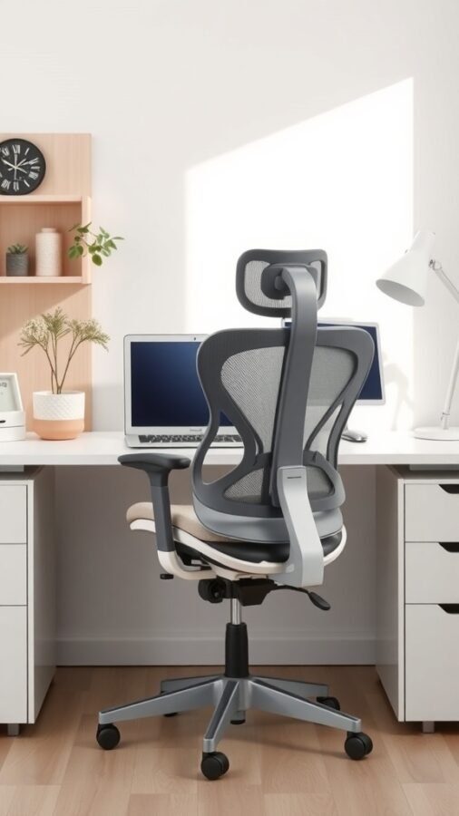 A stylish ergonomic chair in a feminine home office setting with a clean desk and decorative elements.