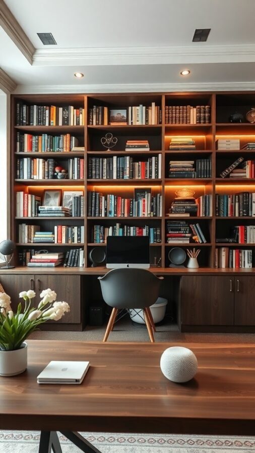 A modern home office library featuring a wooden bookshelf filled with books, a sleek desk with a computer, and decorative elements.