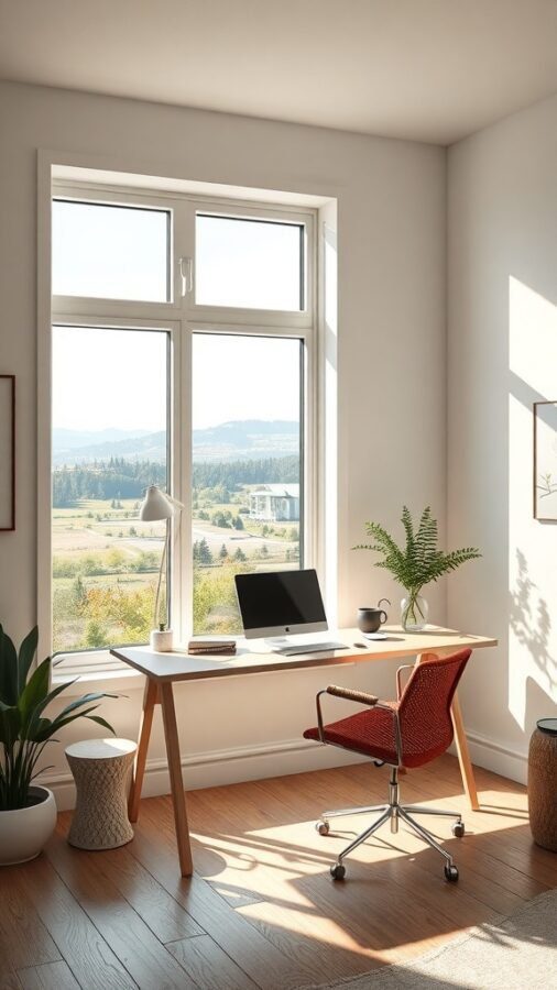 A bright home office with a large window showing a scenic view, featuring a desk, chair, and plants.