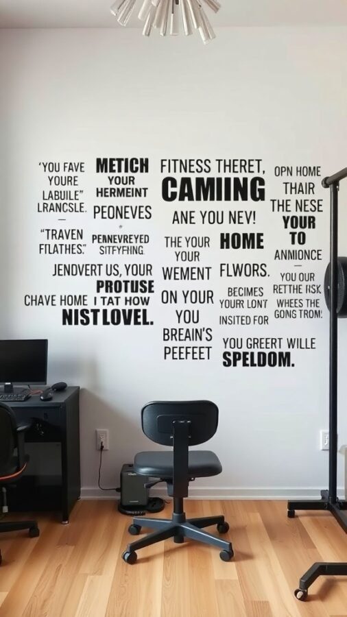 A motivational wall in a home office gym combo featuring bold, inspiring phrases.