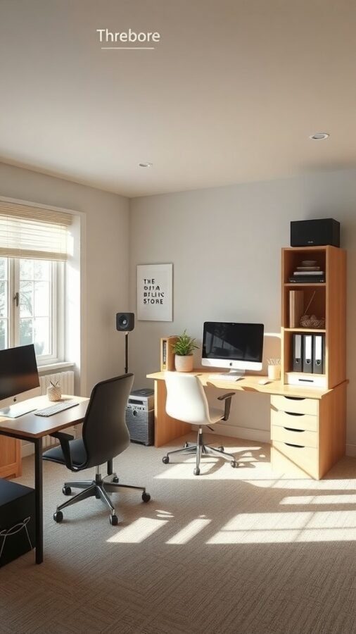 A bright home office gym combo layout with two desks and modern computers.