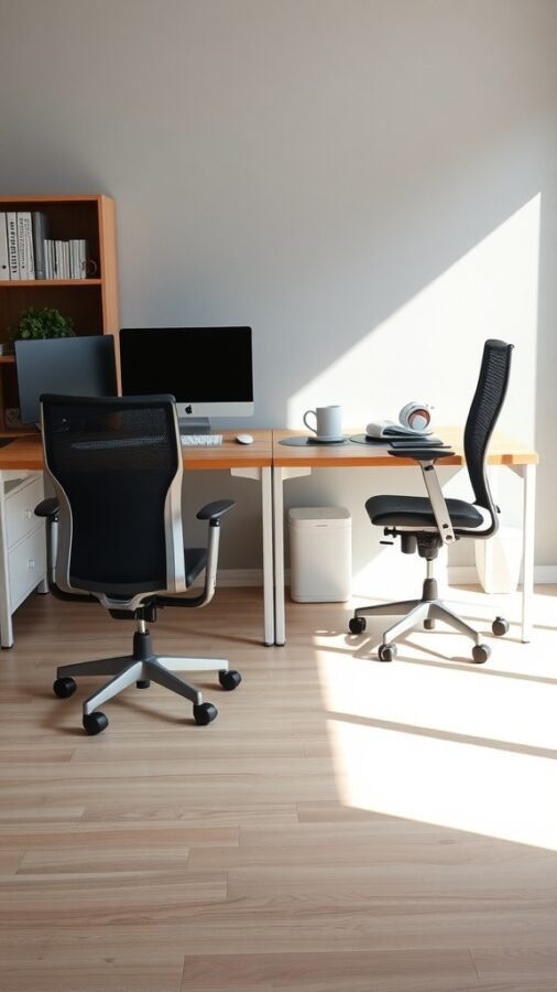 A dual desk home office setup featuring two ergonomic chairs, a spacious desk, and a well-organized workspace.