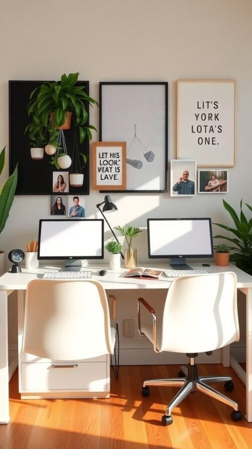 A bright home office featuring a double desk setup with two computers, plants, and framed pictures on the wall.