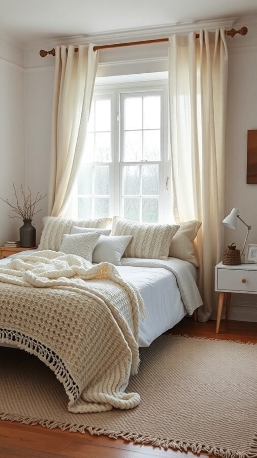 8 Cozy Farmhouse Bedroom Ideas for a Rustic Retreat 1 A cozy farmhouse bedroom featuring a bed with a chunky knit blanket, soft pillows, light curtains, and a woven rug.