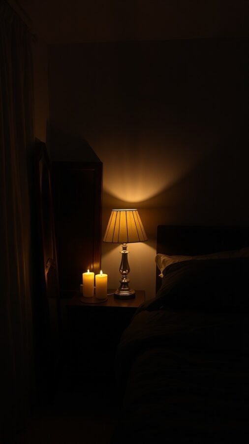 A moody bedroom with a lamp and candles providing soft lighting.
