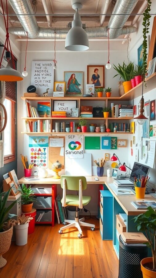 A colorful home office with vibrant decor, plants, and an organized desk space.