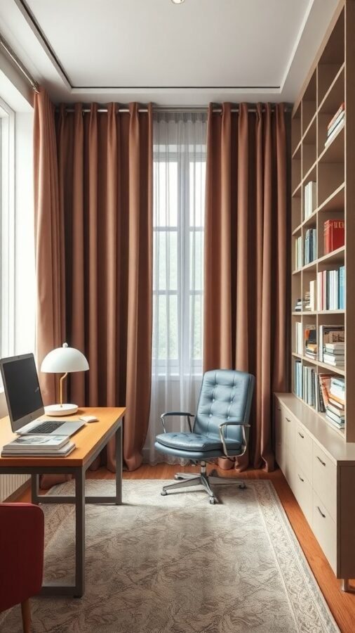 A cozy home office library with a desk, chair, and bookshelves, featuring warm curtains and soft lighting.