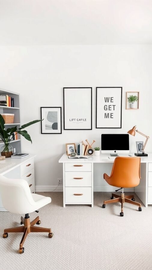 A bright home office with two desks, one brown and one white, featuring stylish chairs and decorative wall art.