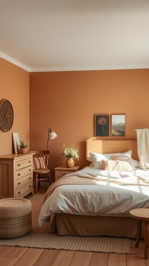 8 Cozy Farmhouse Bedroom Ideas for a Rustic Retreat 5 A cozy farmhouse bedroom featuring warm earthy colors, wooden furniture, and soft textiles.