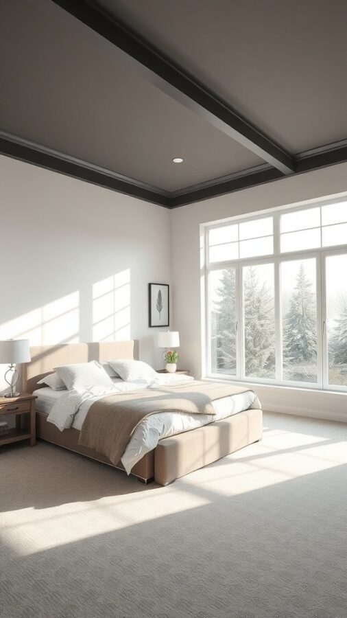 A bright master bedroom with large windows, a cozy bed, and soft decor.
