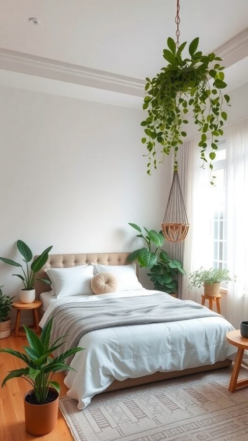 A master bedroom featuring a bed with white bedding, a hanging plant, and various indoor plants in pots.