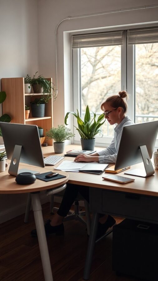 A cozy double desk home office with two monitors, plants, and natural light.