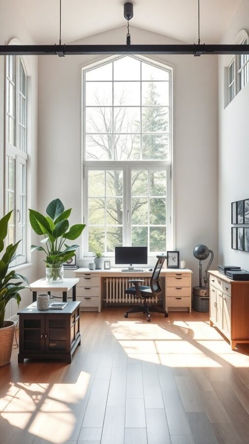 A bright home office with large windows, plants, and a desk setup.