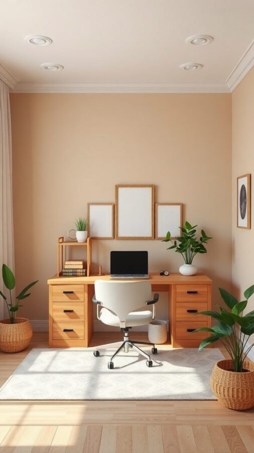 A cozy home office with beige walls, a wooden desk, a white chair, and plants in woven baskets.