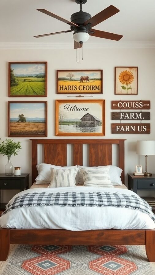 8 Cozy Farmhouse Bedroom Ideas for a Rustic Retreat 3 A farmhouse bedroom featuring a wooden bed, decorative pillows, and a wall with various farm-themed art pieces.