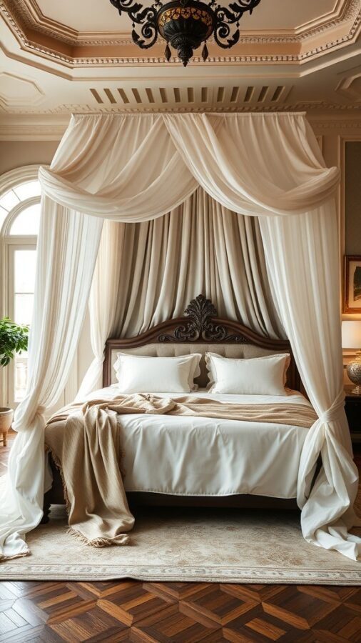 A beautifully styled canopy bed with draped fabric, elegant wooden frame, and warm decor elements.